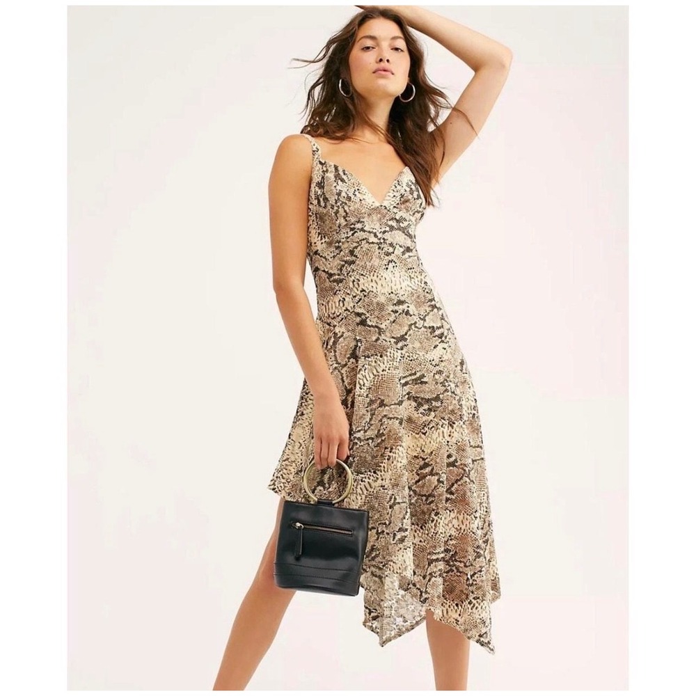 Free People Midnight Dancer Dress 10 Brown Snakeskin Lace Asymmetrical Hem